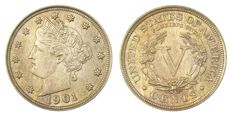 1901 Liberty Head V Nickel obverse and reverse showing Lady Liberty portrait and large Roman numeral V