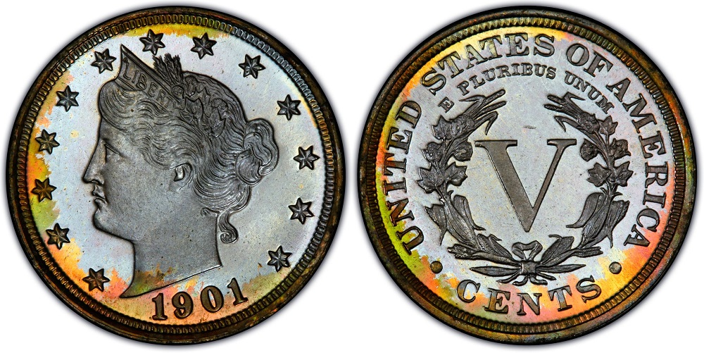 Side-by-side comparison of 1901 Liberty Nickel business strike (left, frosty fields) versus proof strike (right, mirror fields with frosted devices)
