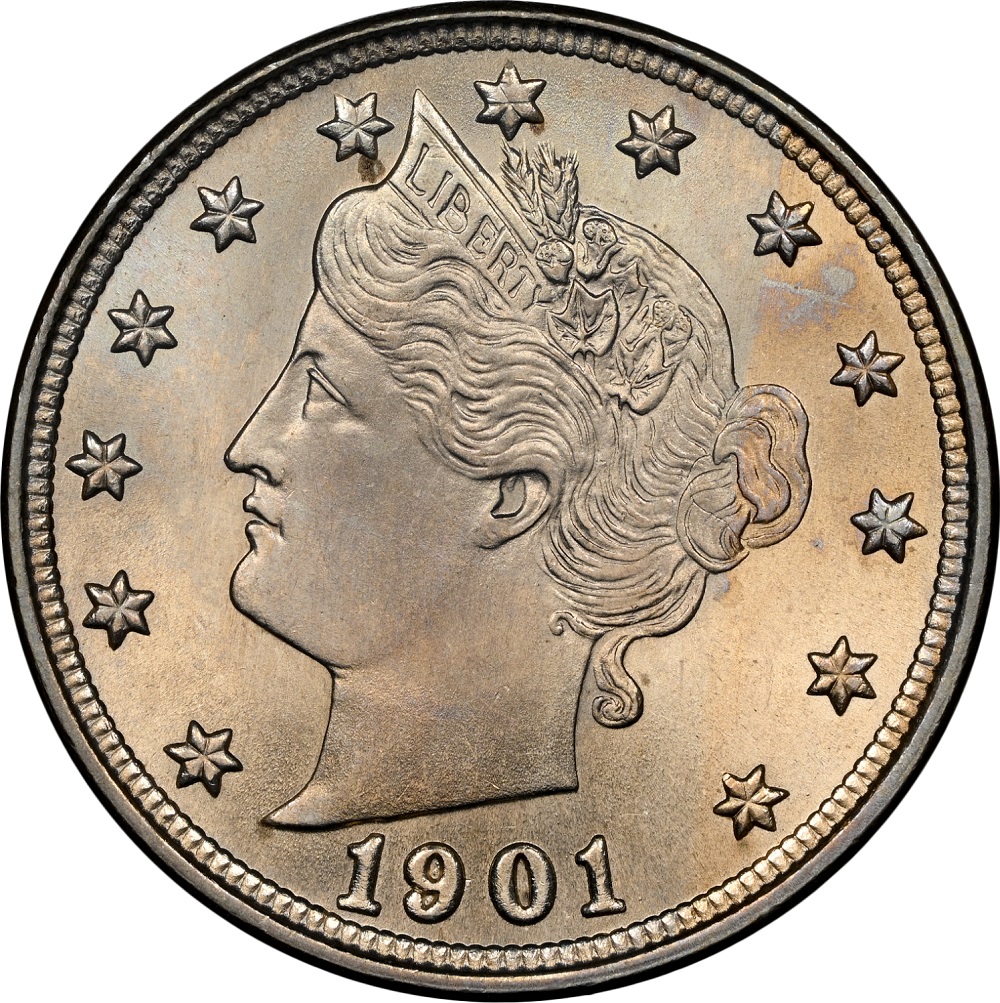 Close-up of 1901 Liberty Nickel date area showing RPD-004 repunched date doubling in the numerals