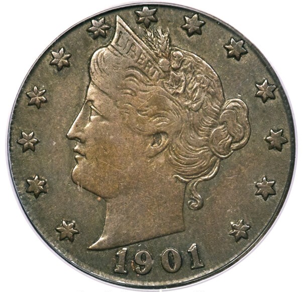 1901 Liberty Nickel struck on a bronze cent planchet showing brown color and smaller diameter compared to a normal nickel