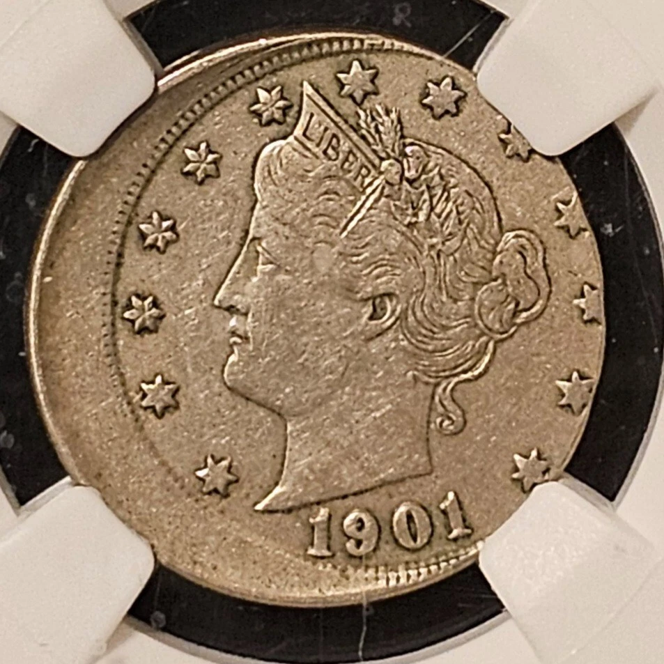 1901 Liberty Nickel off-center strike showing blank planchet crescent and misaligned Liberty portrait with date visible