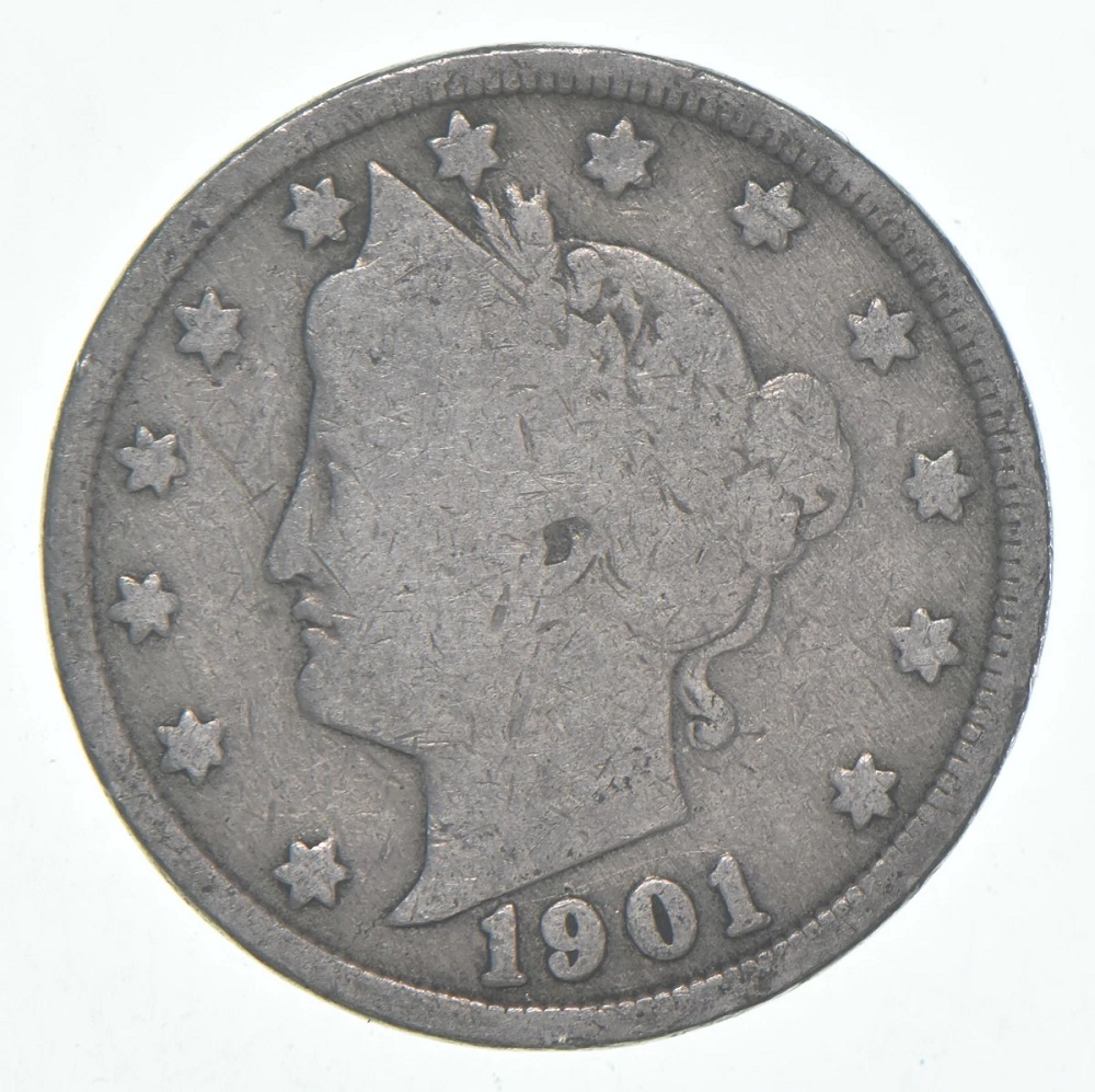 1901 Liberty Nickel lamination flaw showing raised peeling metal or planchet split error on coin surface