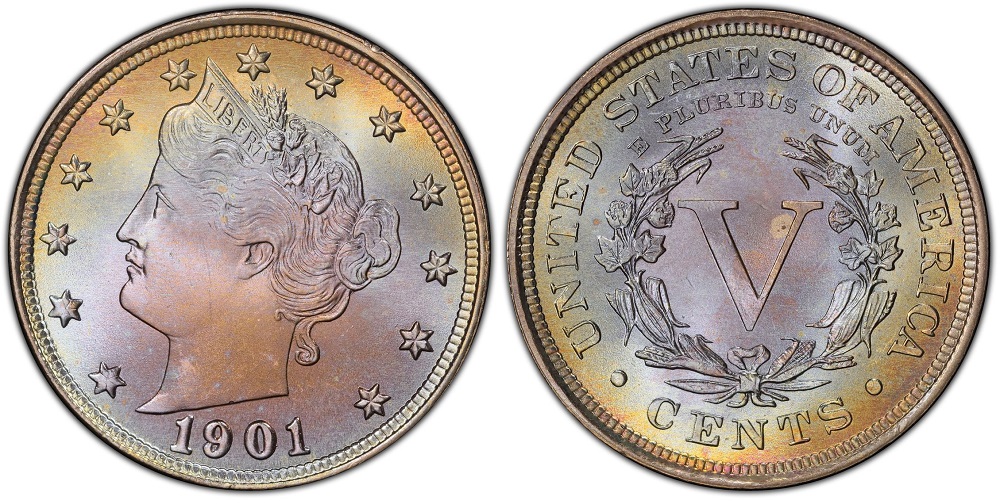 Grading strip showing four 1901 Liberty Nickels from Good worn condition through Mint State uncirculated with grade labels